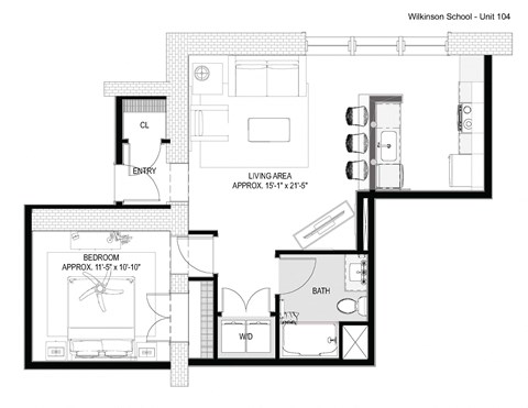 Floor plan for 1 bed, 1 bath, 752 sqft